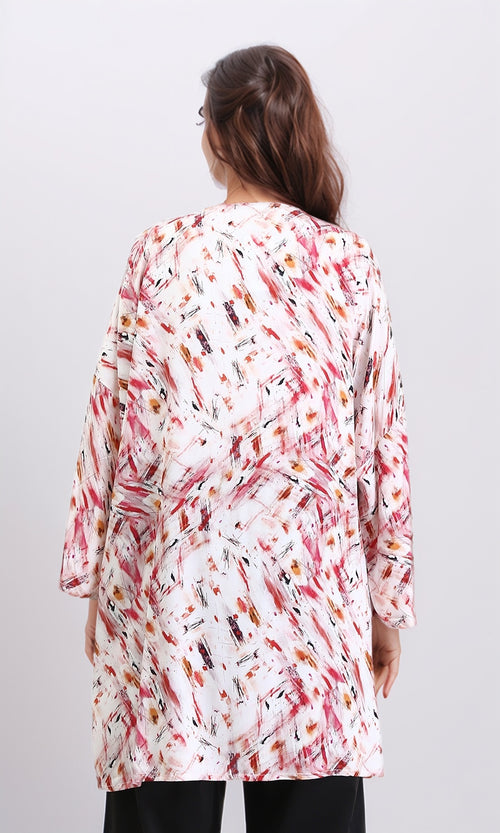 R209481 - Patterned Open Neckline Summer Cardigan - Red & Orange