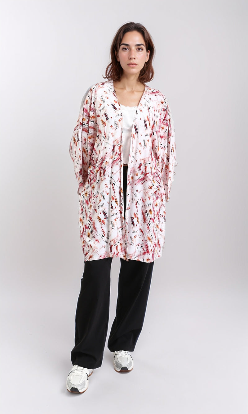 R209481 - Patterned Open Neckline Summer Cardigan - Red & Orange