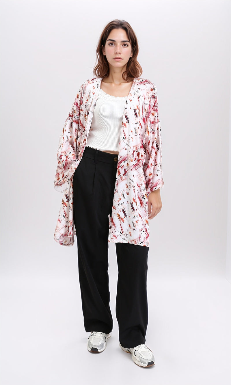 R209481 - Patterned Open Neckline Summer Cardigan - Red & Orange