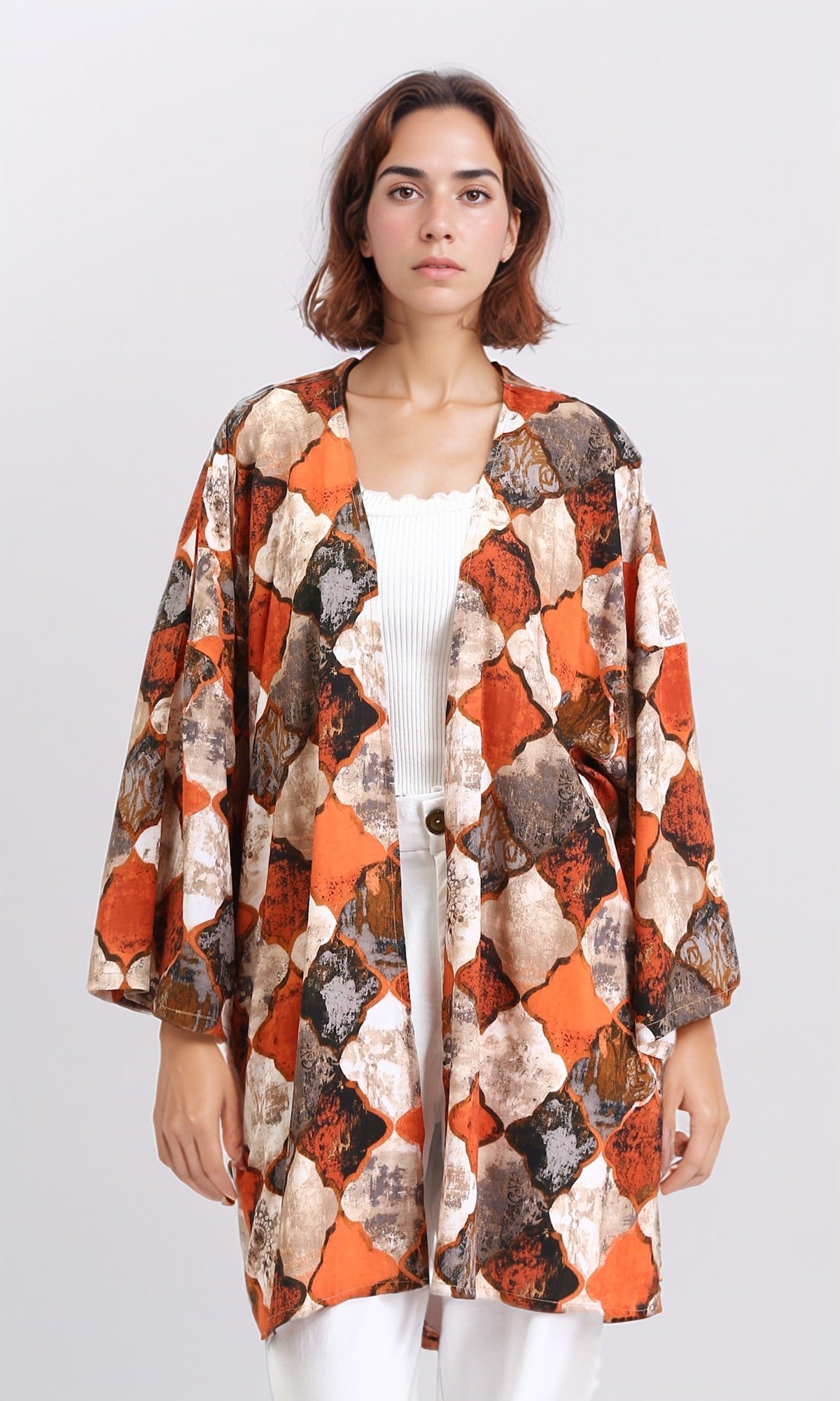 Patterned Long Sleeves Casual Cardigan - Orange & Brown