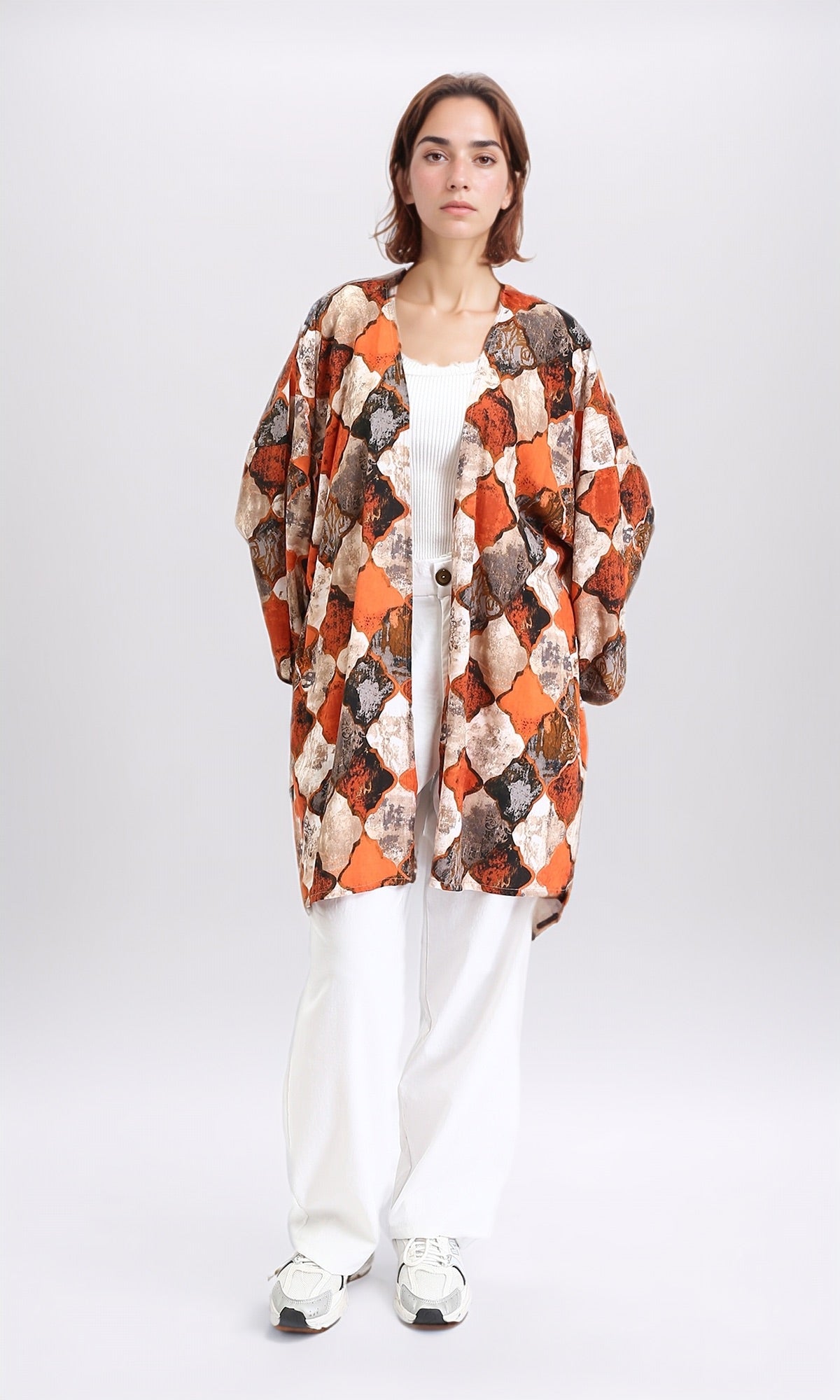 R209482 - Patterned Long Sleeves Casual Cardigan - Orange & Brown