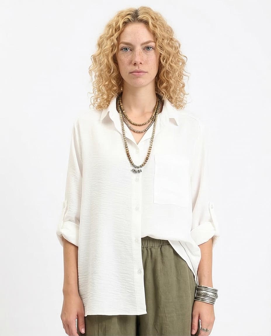 Women's Relaxed Crinkle-Texture Button-Down Shirt - Oversized Long Sleeve with Roll-Tabs - Off-White