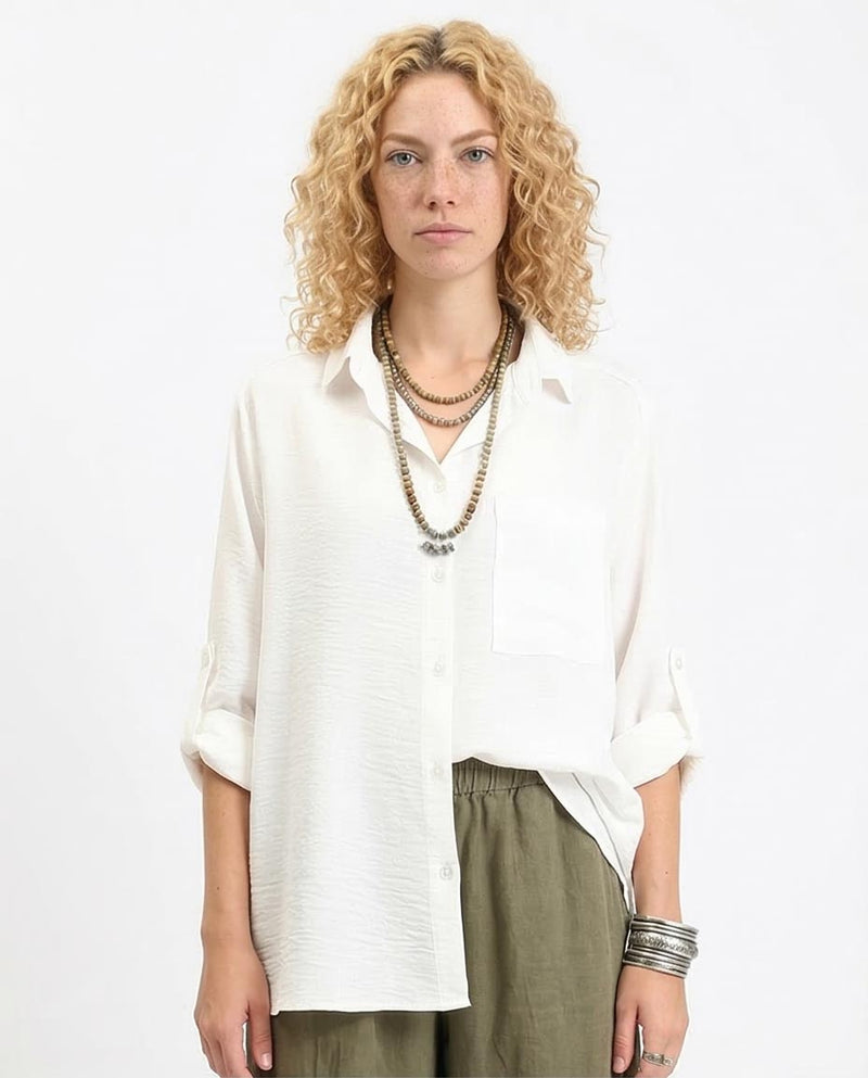 Ravin Women’s Relaxed Crinkle-Texture Button-Down Shirt – Oversized Long Sleeve with Roll-Tabs - Off-White - R209485