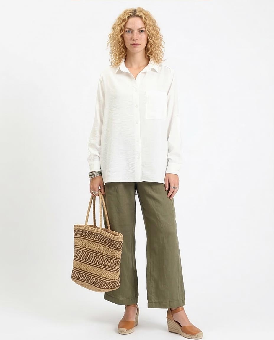 Ravin Women’s Relaxed Crinkle-Texture Button-Down Shirt – Oversized Long Sleeve with Roll-Tabs - Off-White - R209485