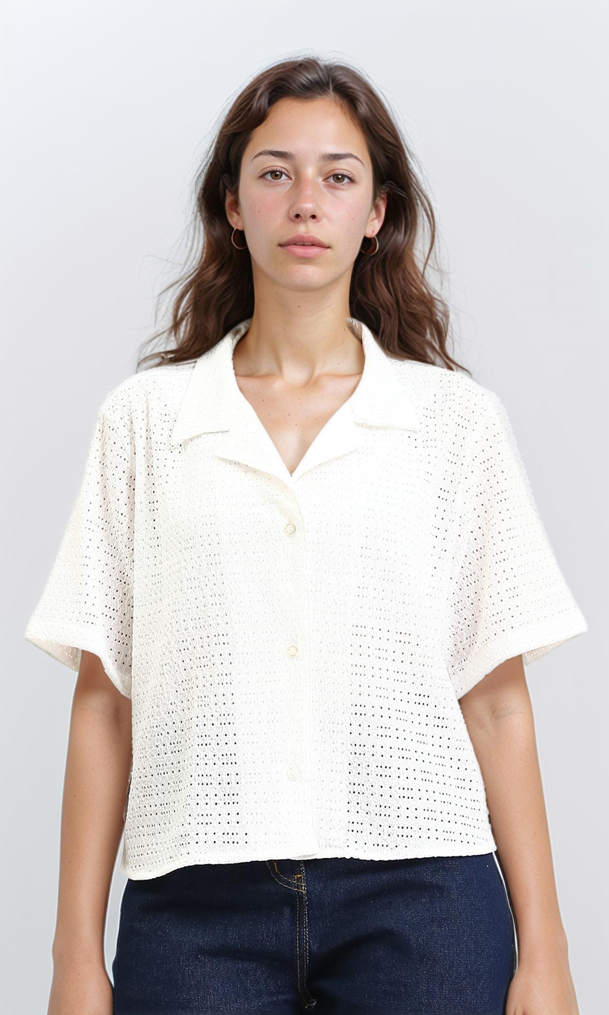 Elbow Sleeves Perforated Shirt - White