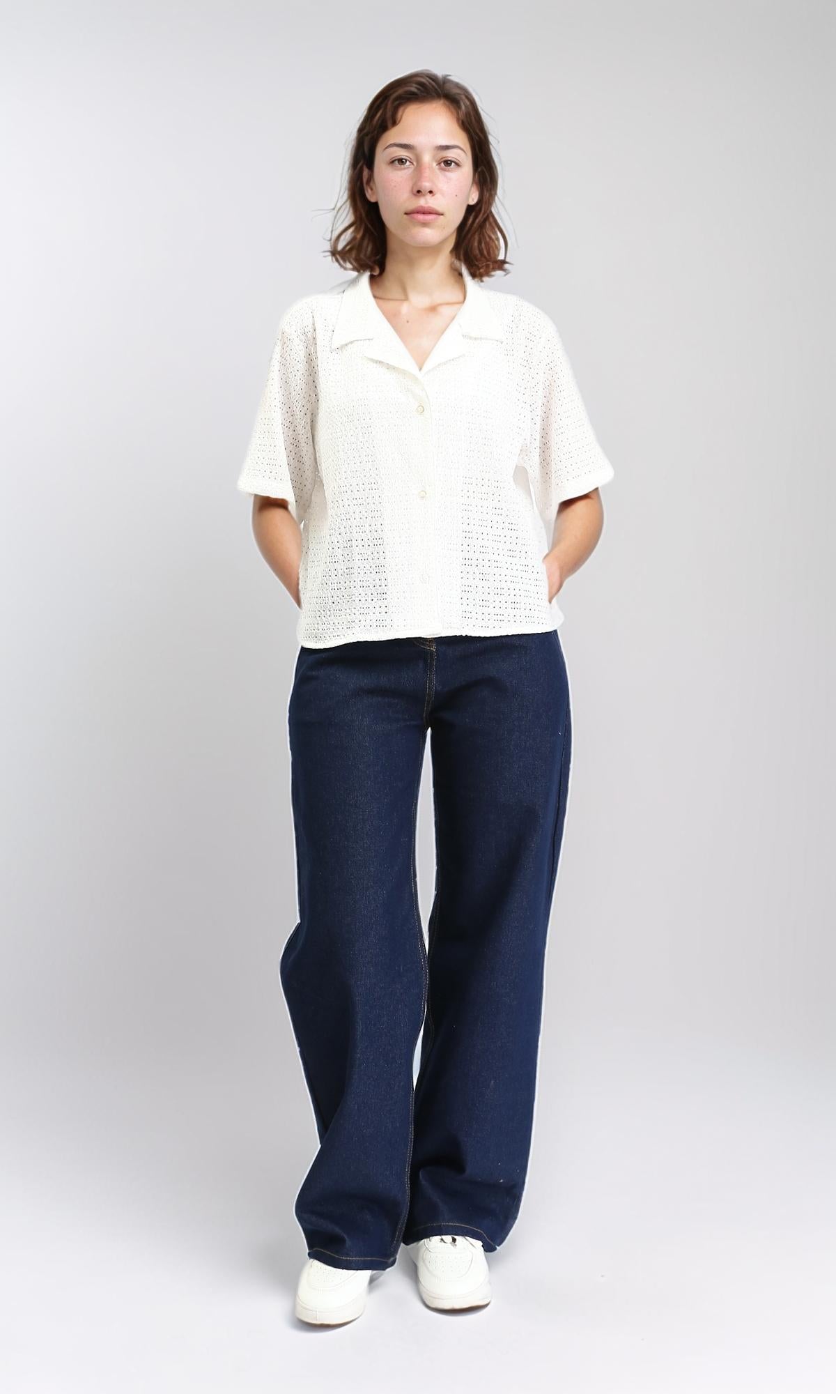 R209487 - Elbow Sleeves Perforated Shirt - White