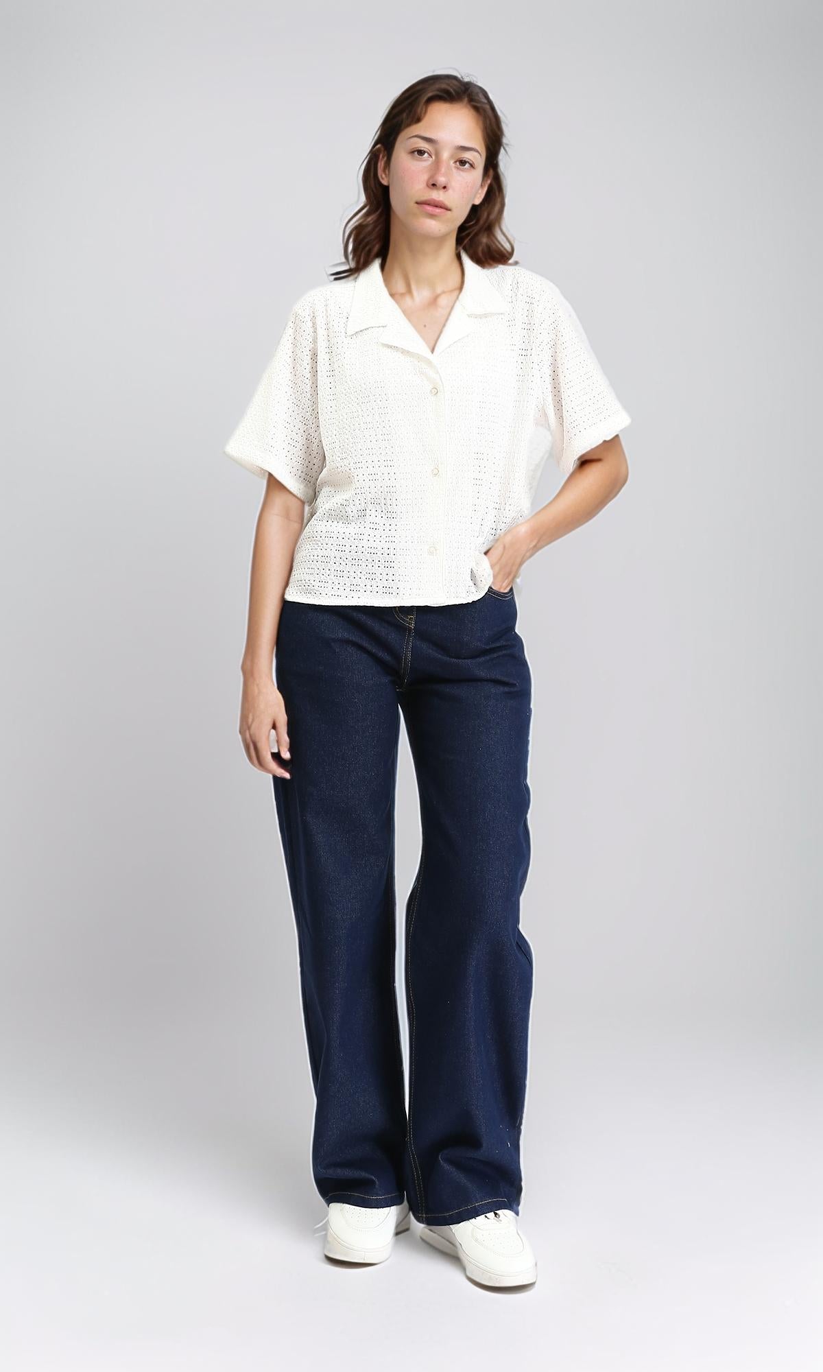 R209487 - Elbow Sleeves Perforated Shirt - White