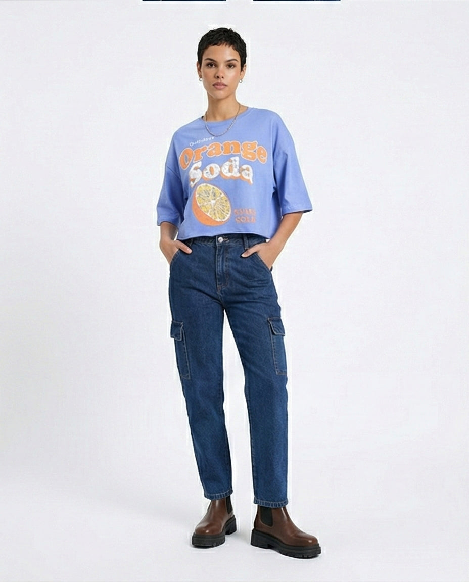 R209489 - تيشيرت قطني بطبعة "Orange Soda" - أزرق بنفسجي