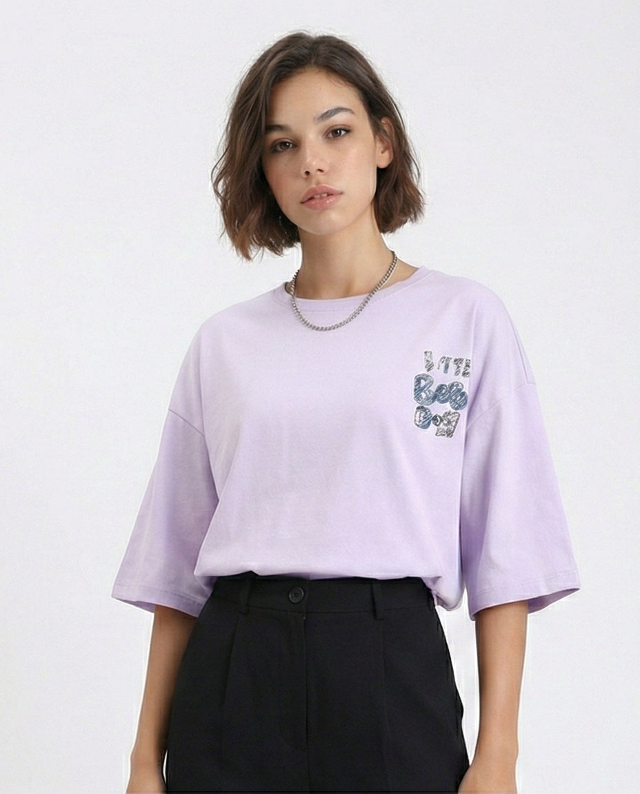 Casual Printed Slip On Tee - Light Purple