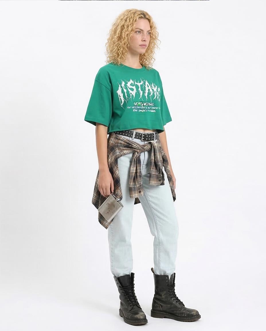 Ravin | تيشيرت "Worts Mistake" Boxy قصير بطبعة جرافيك حريمي - أخضر - R209492