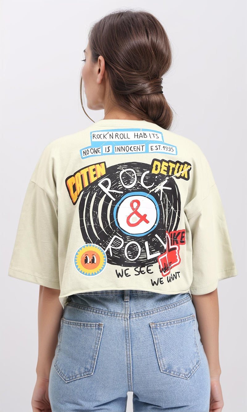 R209493 - Slip On Printed "Rock & Roll" Tee - Pastel Olive