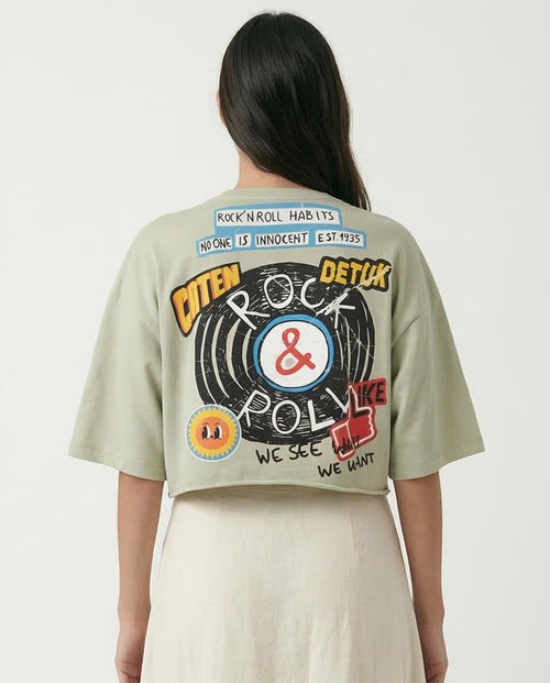 Ravin Women's "Rock & Roll" Cropped Graphic Tee – Sage Green - R209493