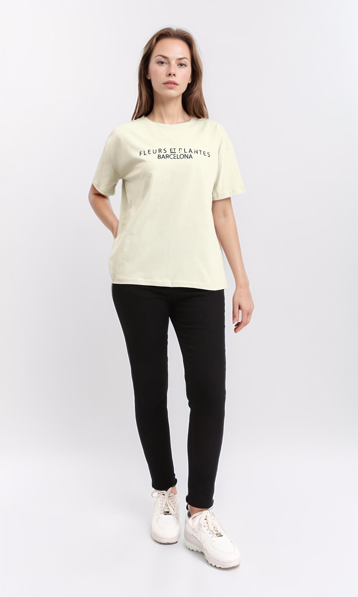 R209494 - تي شيرت قطني سهل الارتداء بطبعة أمامية وخلفية - زيتي باستيل