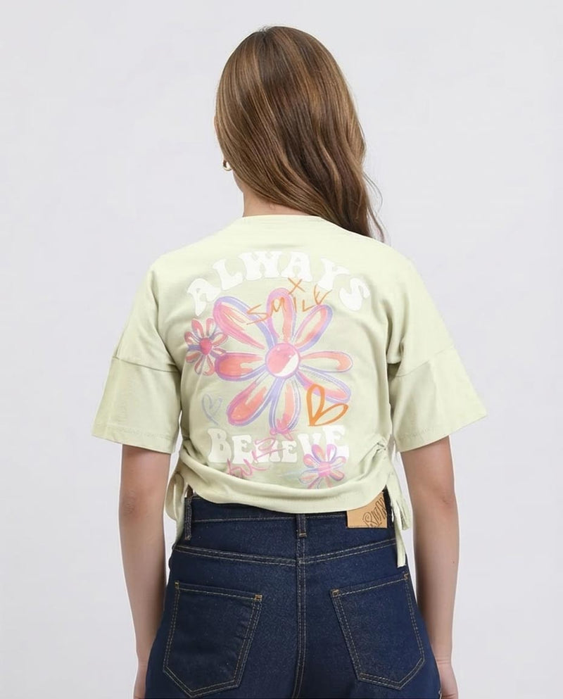 Ravin Women's Side-Tie Graphic Tee – "Believe Yourself" Floral Print in Sage Green - R209495