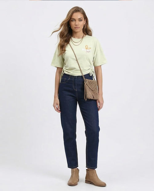 Ravin Women's Side-Tie Graphic Tee – "Believe Yourself" Floral Print in Sage Green - R209495