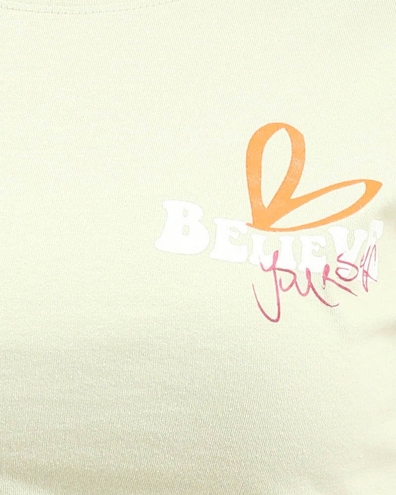 Ravin Women's Side-Tie Graphic Tee – "Believe Yourself" Floral Print in Sage Green - R209495