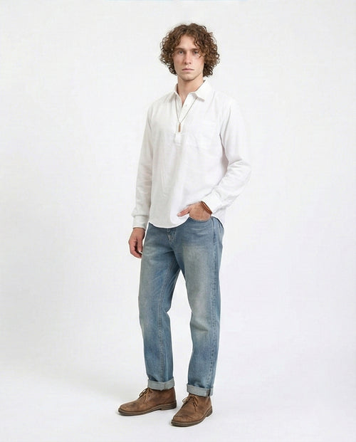 White Popover Long Sleeve Relaxed Shirt - R209771