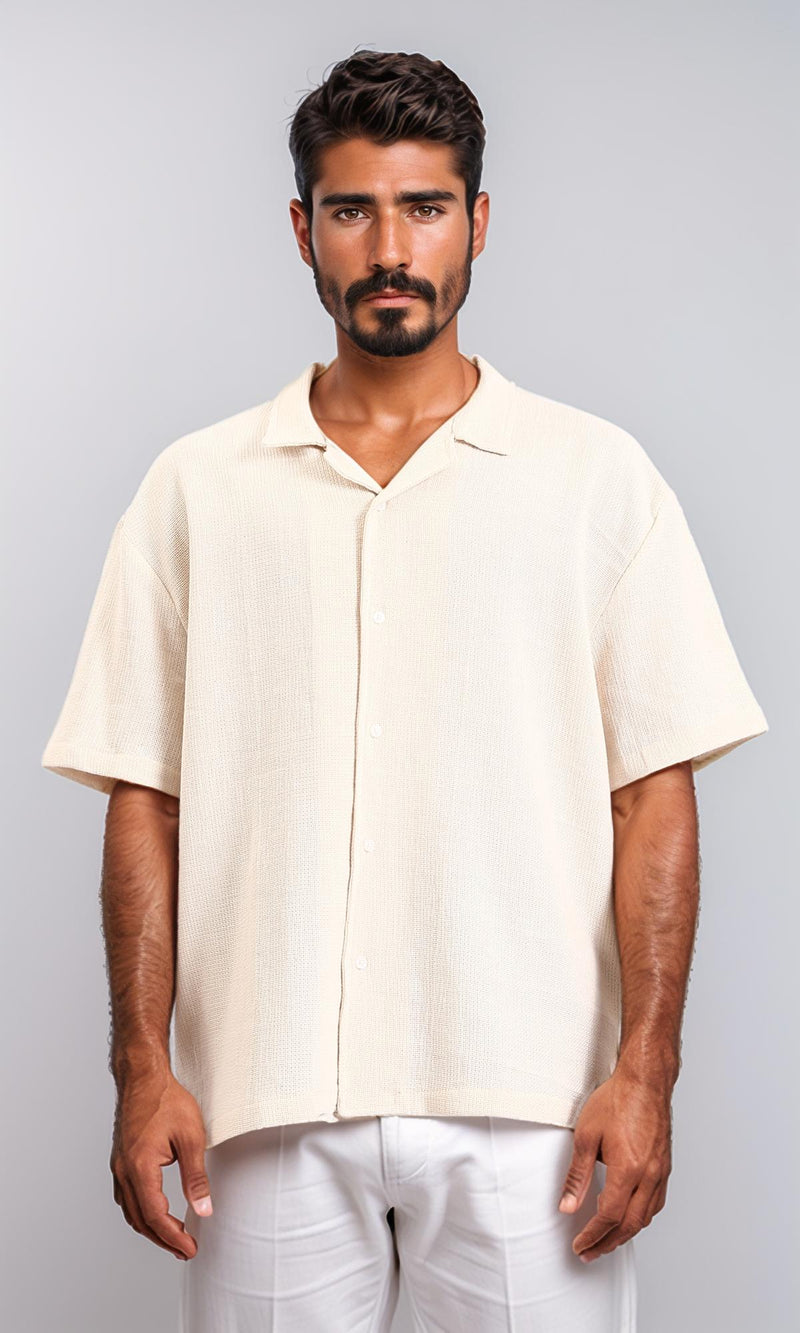 R209808-Self Pattern Relaxed Shirt - Beige