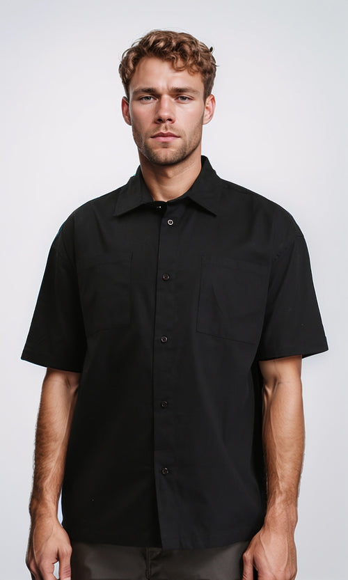 R209809 - Solid Elbow Sleeves Shirt with Pocket - Black
