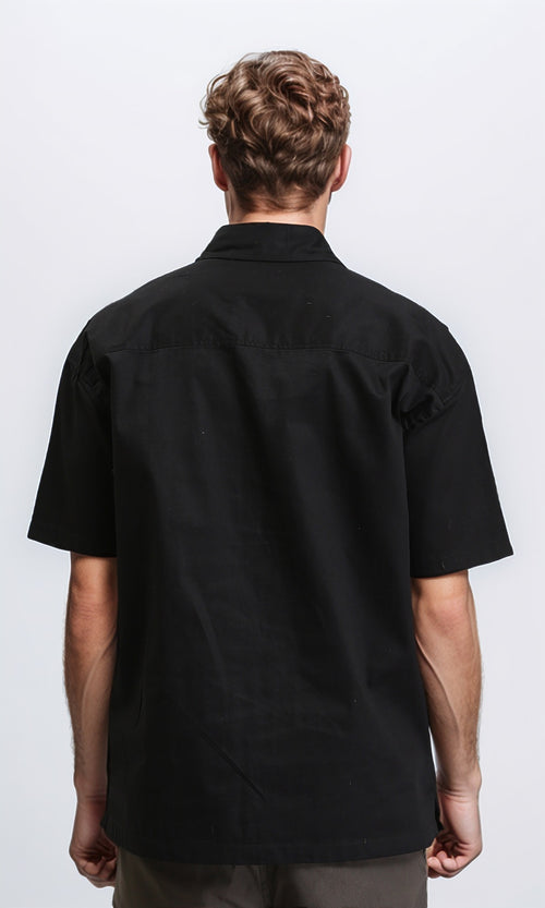 R209809 - Solid Elbow Sleeves Shirt with Pocket - Black