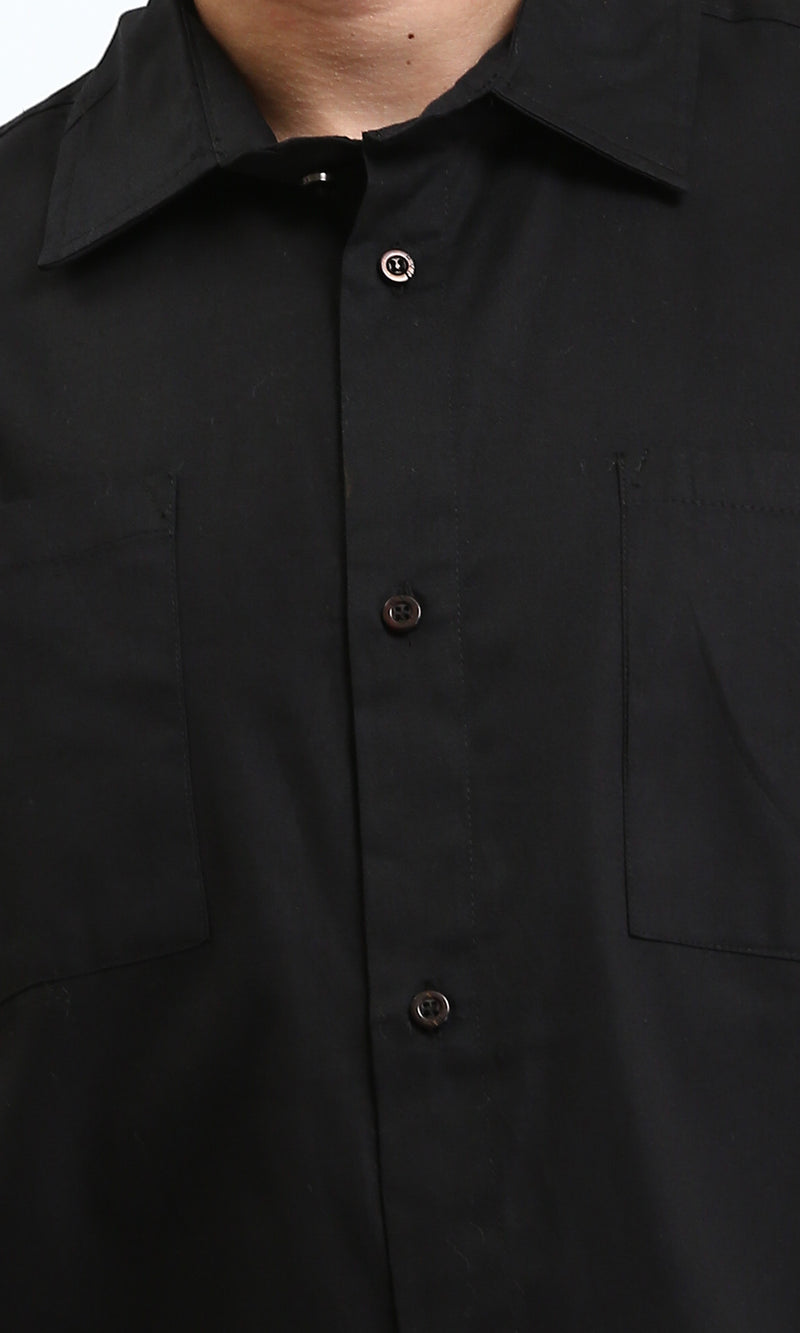 R209809 - Solid Elbow Sleeves Shirt with Pocket - Black