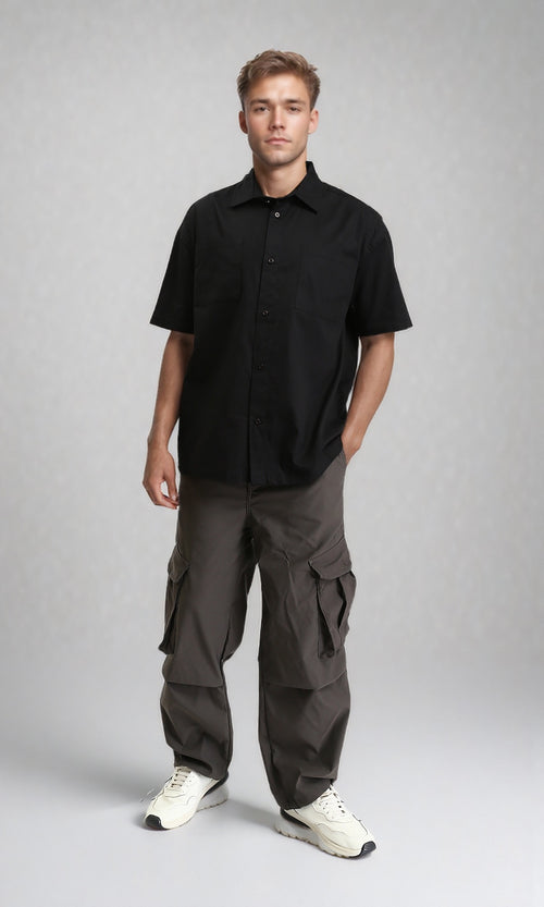 R209809 - Solid Elbow Sleeves Shirt with Pocket - Black