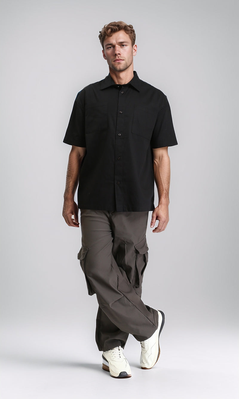 R209809 - Solid Elbow Sleeves Shirt with Pocket - Black