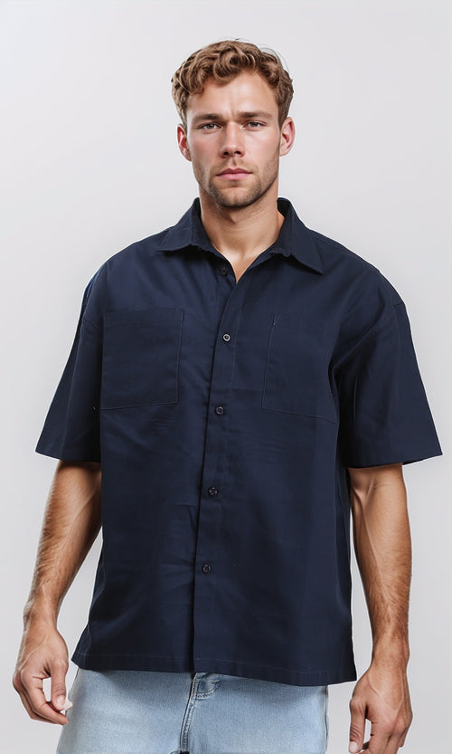 R209810 - Solid Shirt with Front Patched Pockets - Navy Blue