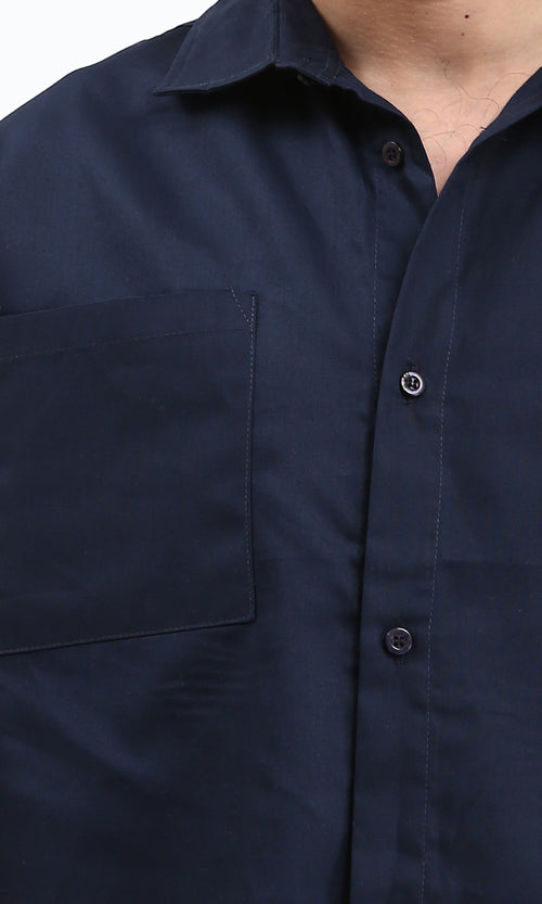 R209810 - Solid Shirt with Front Patched Pockets - Navy Blue