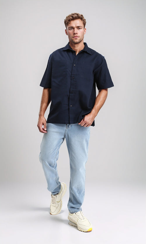 R209810 - Solid Shirt with Front Patched Pockets - Navy Blue