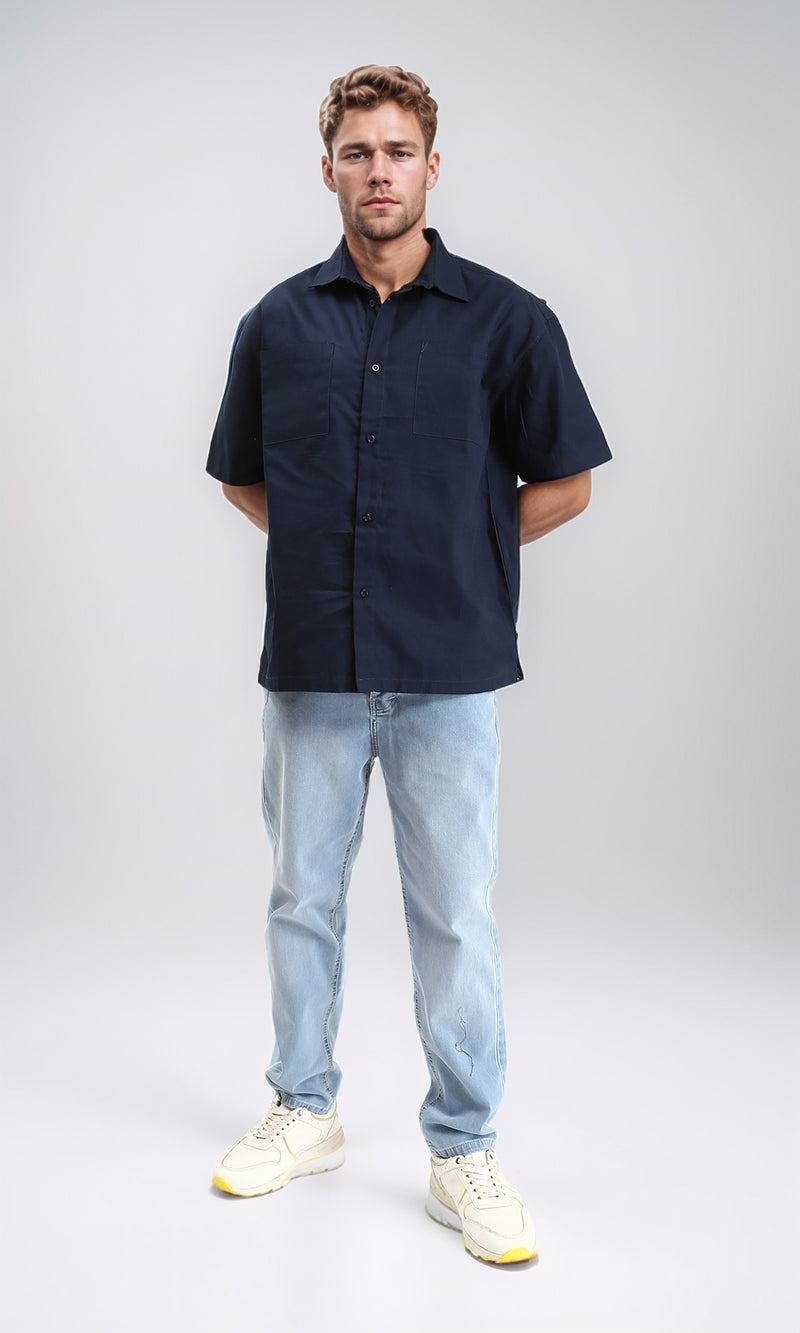 R209810 - Solid Shirt with Front Patched Pockets - Navy Blue