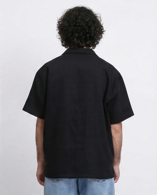 RAVIN | Men's Textured Cuban Collar Short Sleeve Shirt - Black - R209812