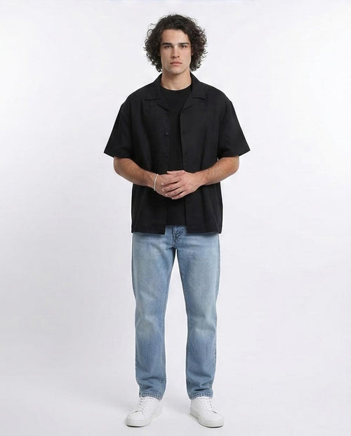 RAVIN | Men's Textured Cuban Collar Short Sleeve Shirt - Black - R209812