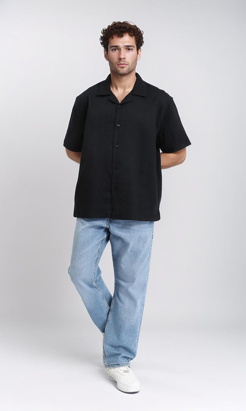 R209812 - Turn Down Collar Short Sleeves Shirt - Black