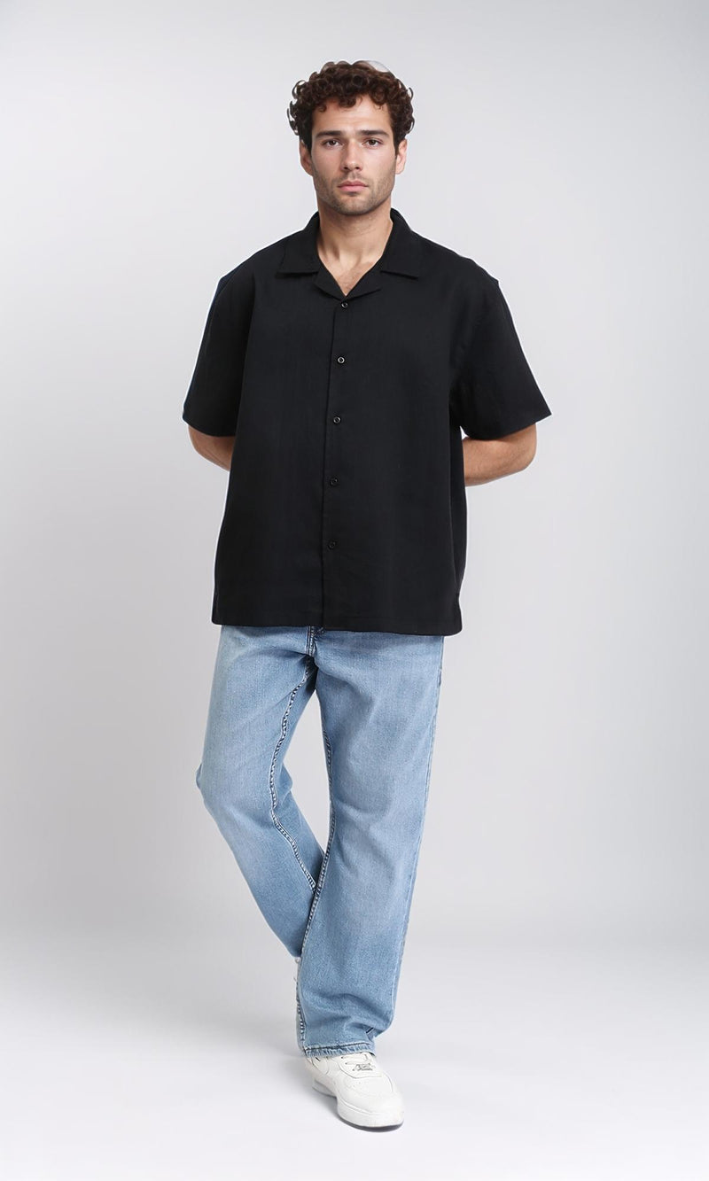 R209812 - Turn Down Collar Short Sleeves Shirt - Black