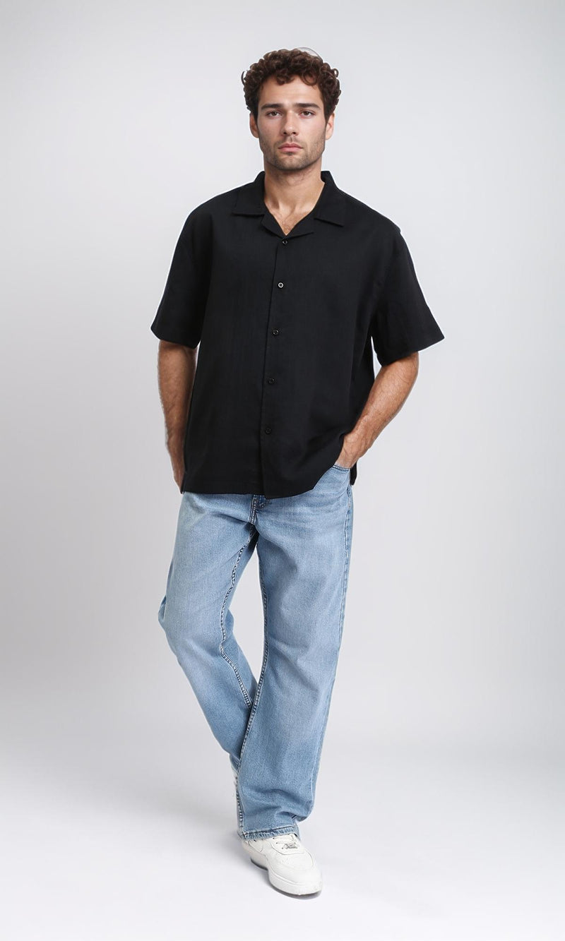 R209812 - Turn Down Collar Short Sleeves Shirt - Black