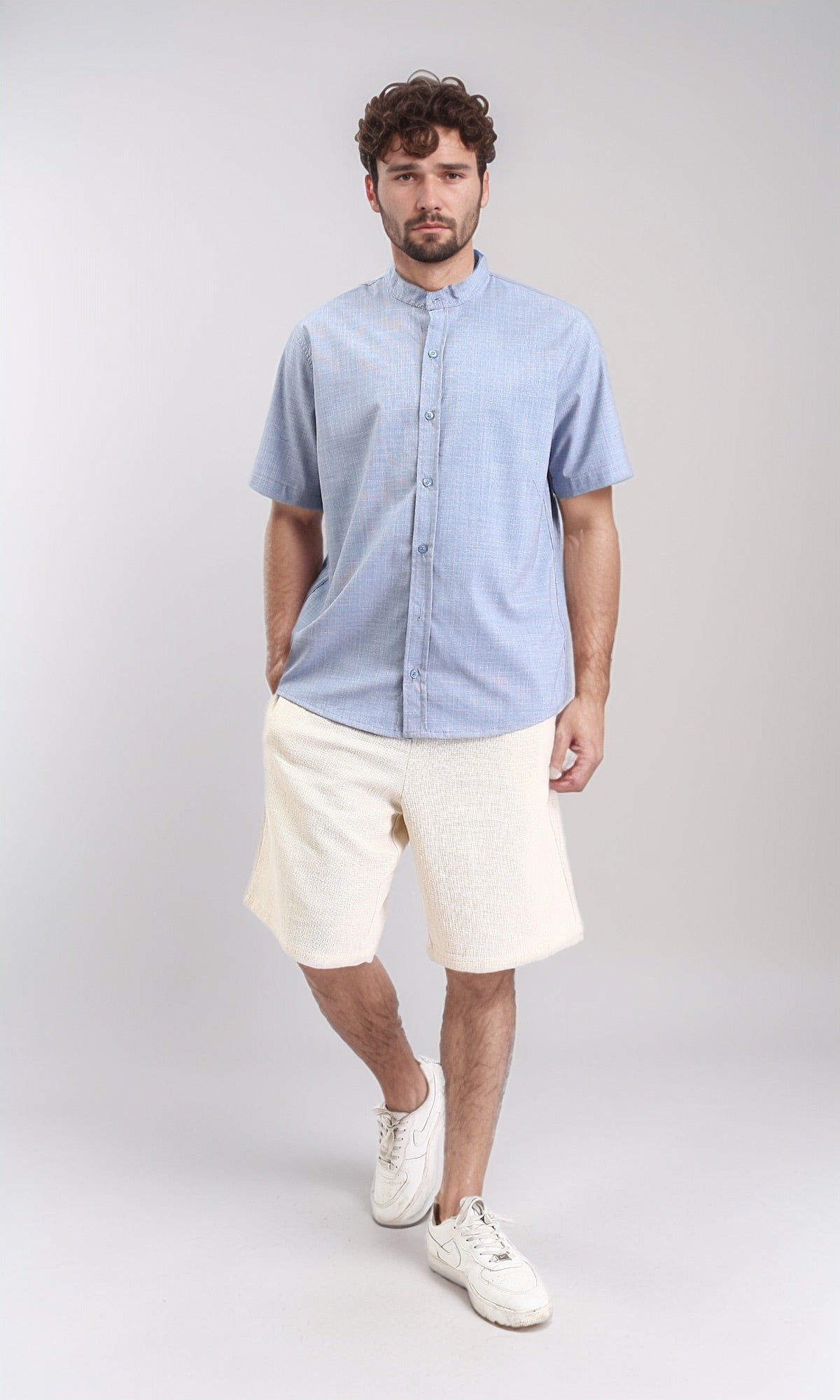 R209813 - Buttoned Elbow Sleeves Casual Shirt - Heather Baby Blue