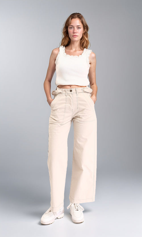 R209818 - Wide Leg Jeans with Multi-Pockets - Beige