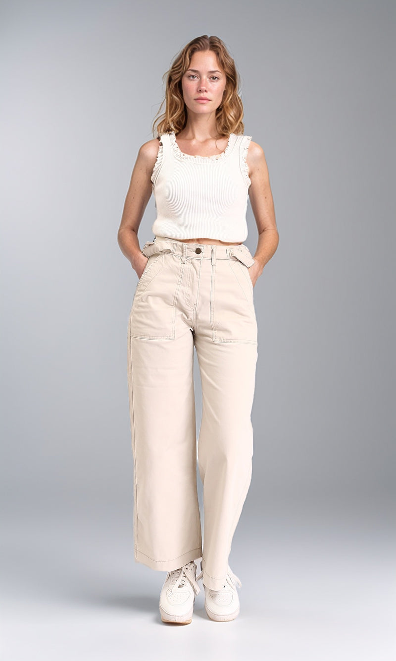 R209818 - Wide Leg Jeans with Multi-Pockets - Beige