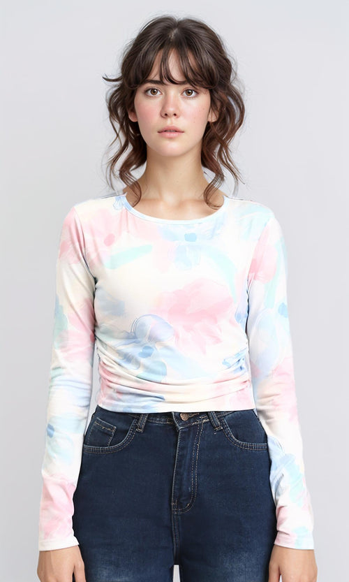 R209821 - Long Sleeves Comfy Colorful Floral Top - Pastel Colors
