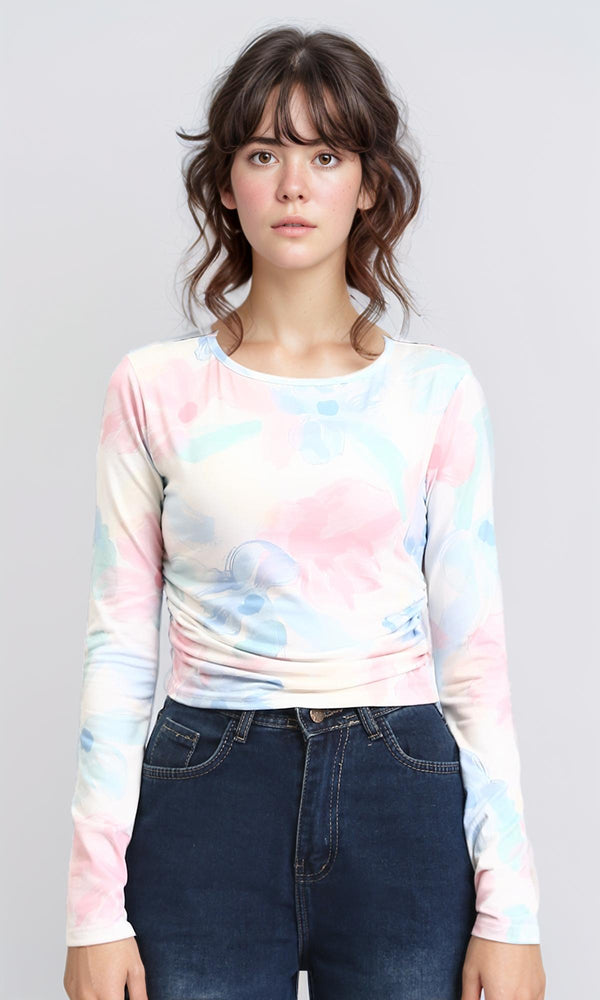 R209821 - Long Sleeves Comfy Colorful Floral Top - Pastel Colors