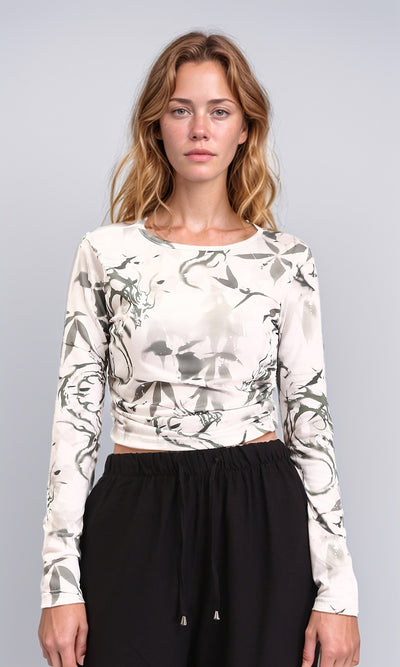 Crew Neck Patterned Short Top - Grey & White