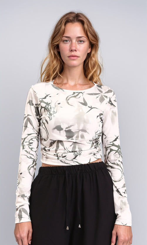 R209825 - Crew Neck Patterned Short Top - Grey & White