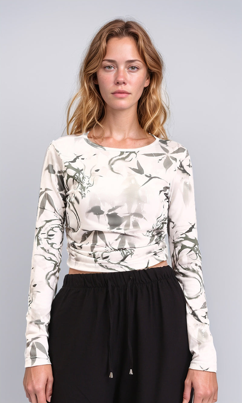 R209825 - Crew Neck Patterned Short Top - Grey & White