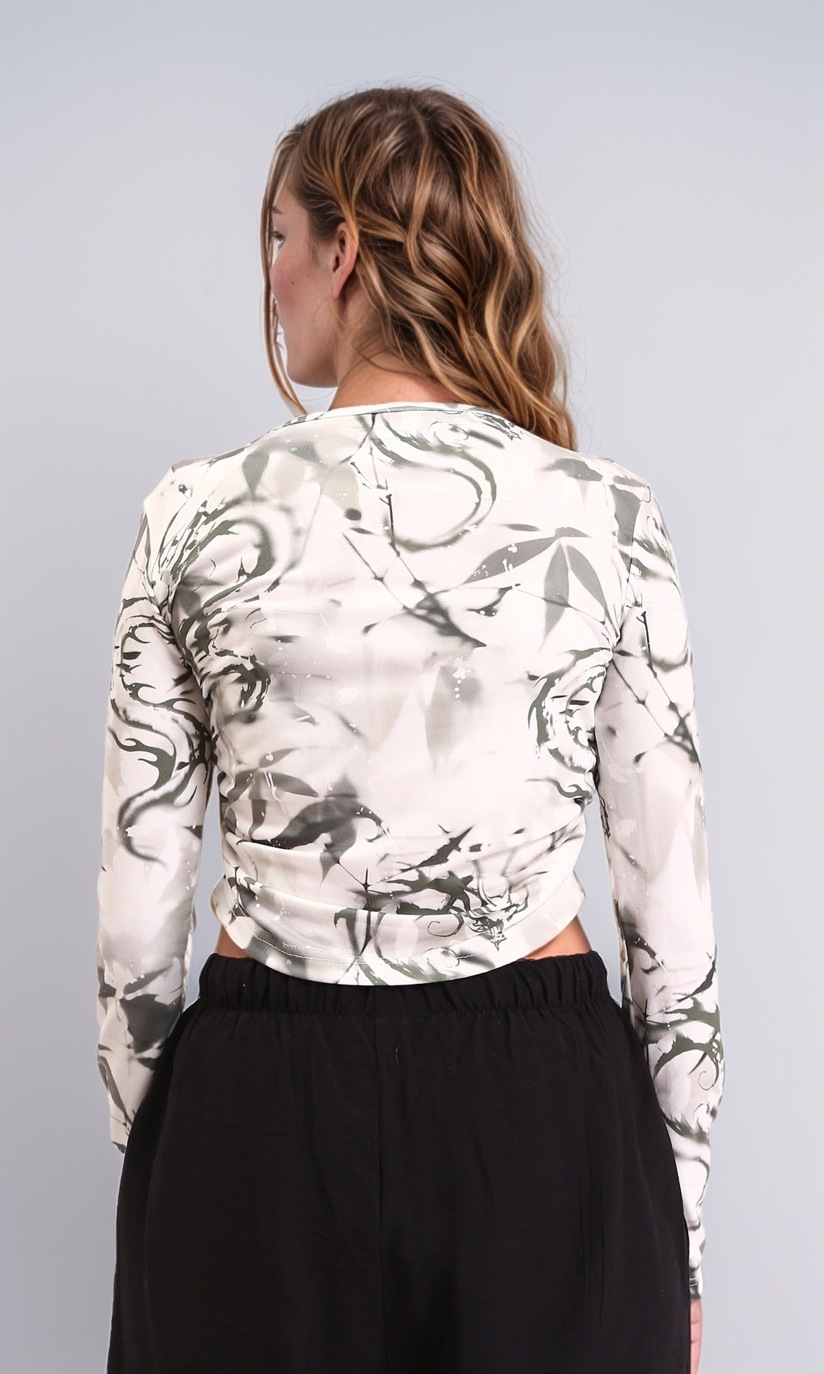 R209825 - Crew Neck Patterned Short Top - Grey & White