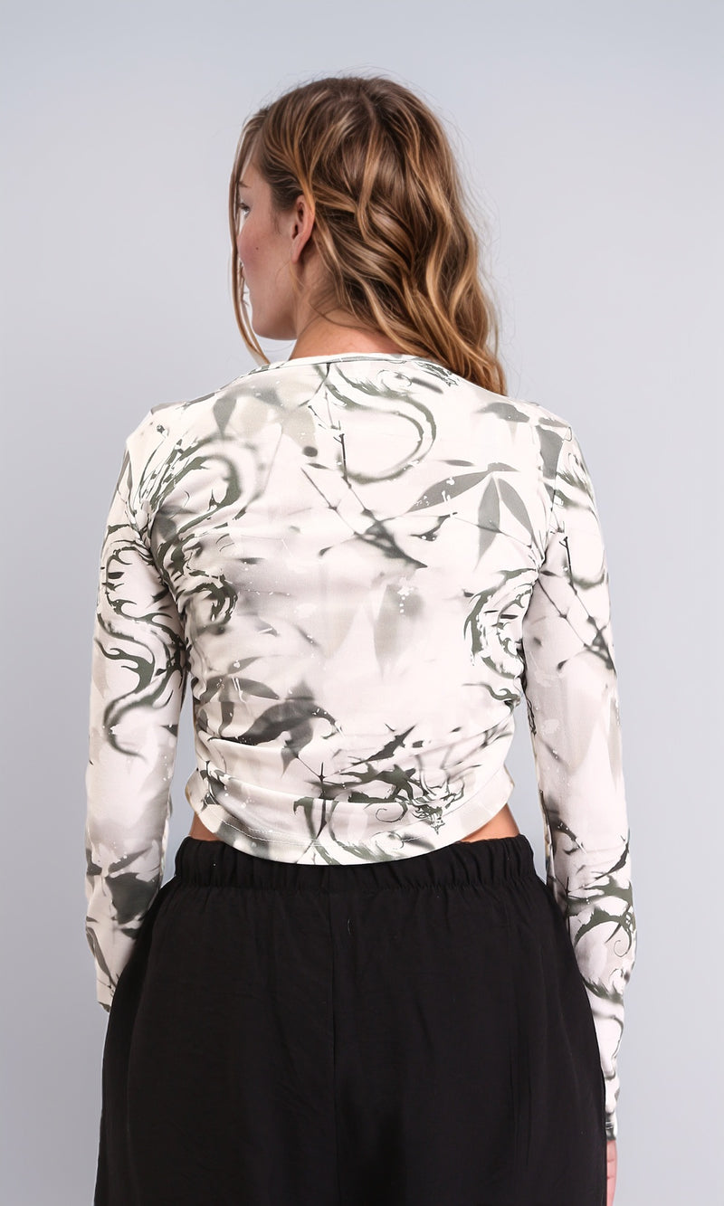 R209825 - Crew Neck Patterned Short Top - Grey & White