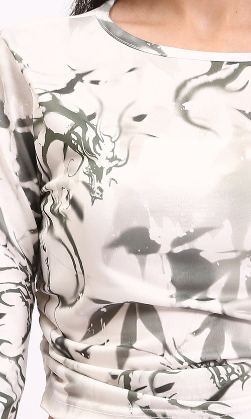 R209825 - Crew Neck Patterned Short Top - Grey & White