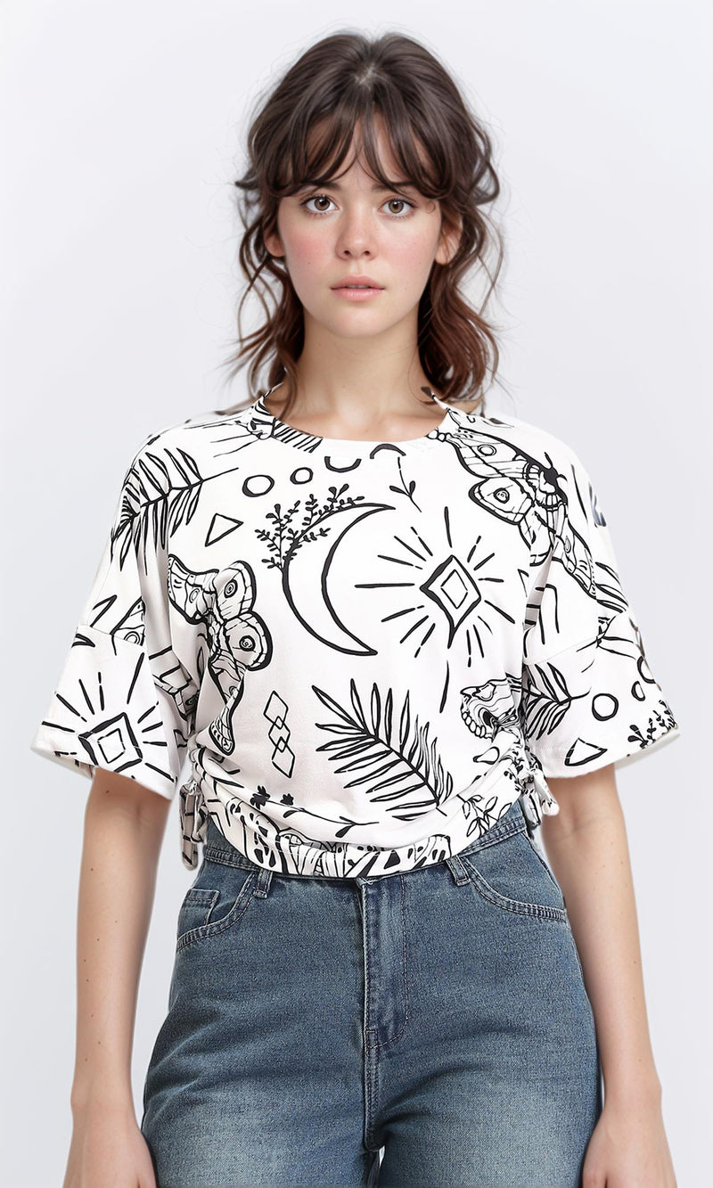 R209835 - Patterned Elbow Sleeves Summer Tee - White & Black