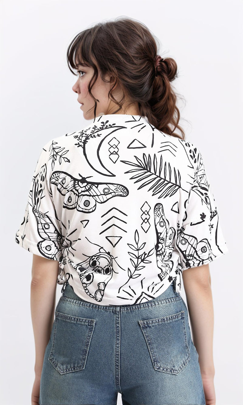 R209835 - Patterned Elbow Sleeves Summer Tee - White & Black