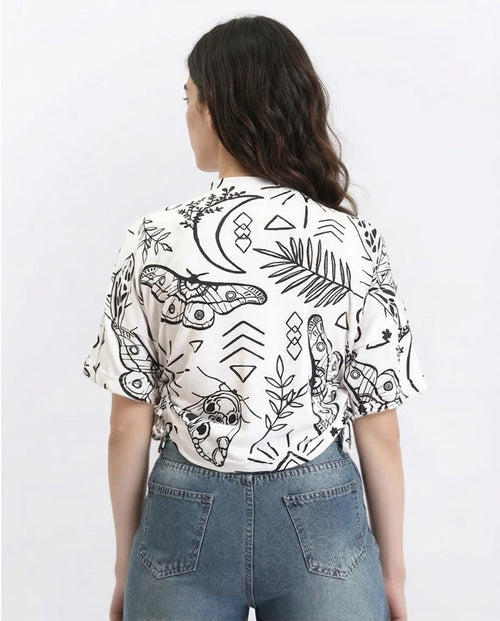 Ravin Celestial & Botanical Print Tied Tee - White & Black - R209835